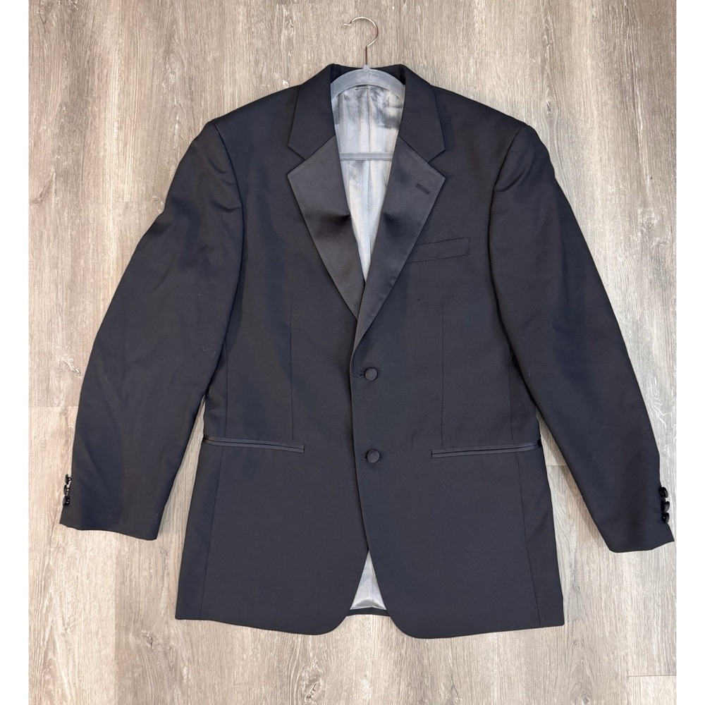 Geoffrey Beene Black Tuxedo Suit Mens Formal Jacket & Pants Satin Peak Lapel Mea